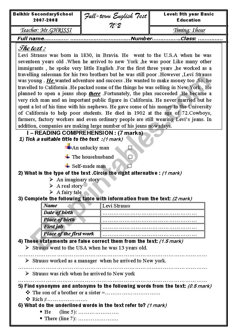 exam 9th year basic education worksheet