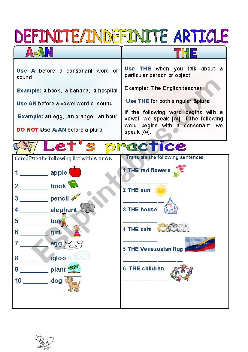 ddefinite-indefinite article worksheet