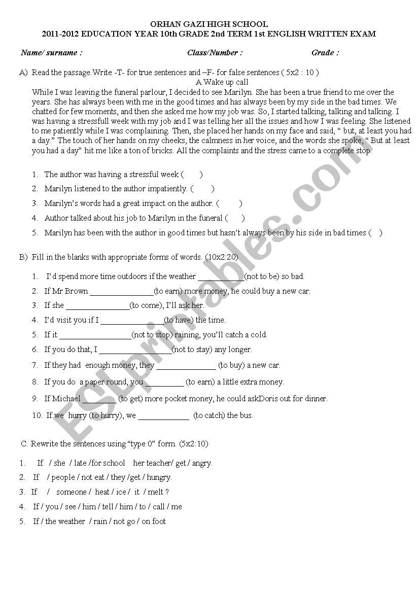 Grammar and vocabulary worksheet