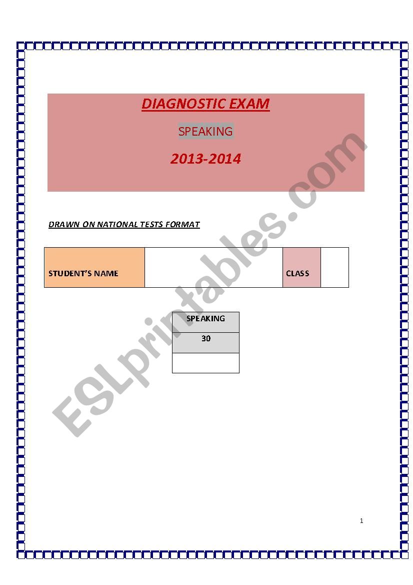 Speaking Diagnostic Exam worksheet