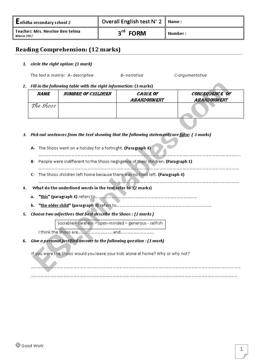 second term full test worksheet