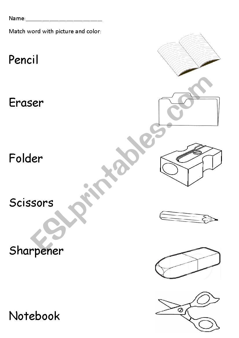 Match school objects worksheet