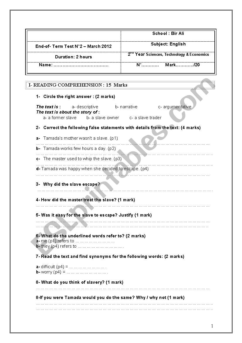 second term full term test second year students