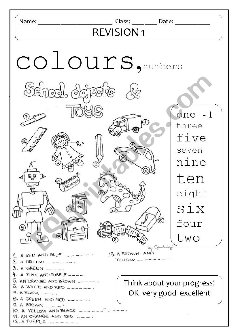 toys, school objects, colours, numbers