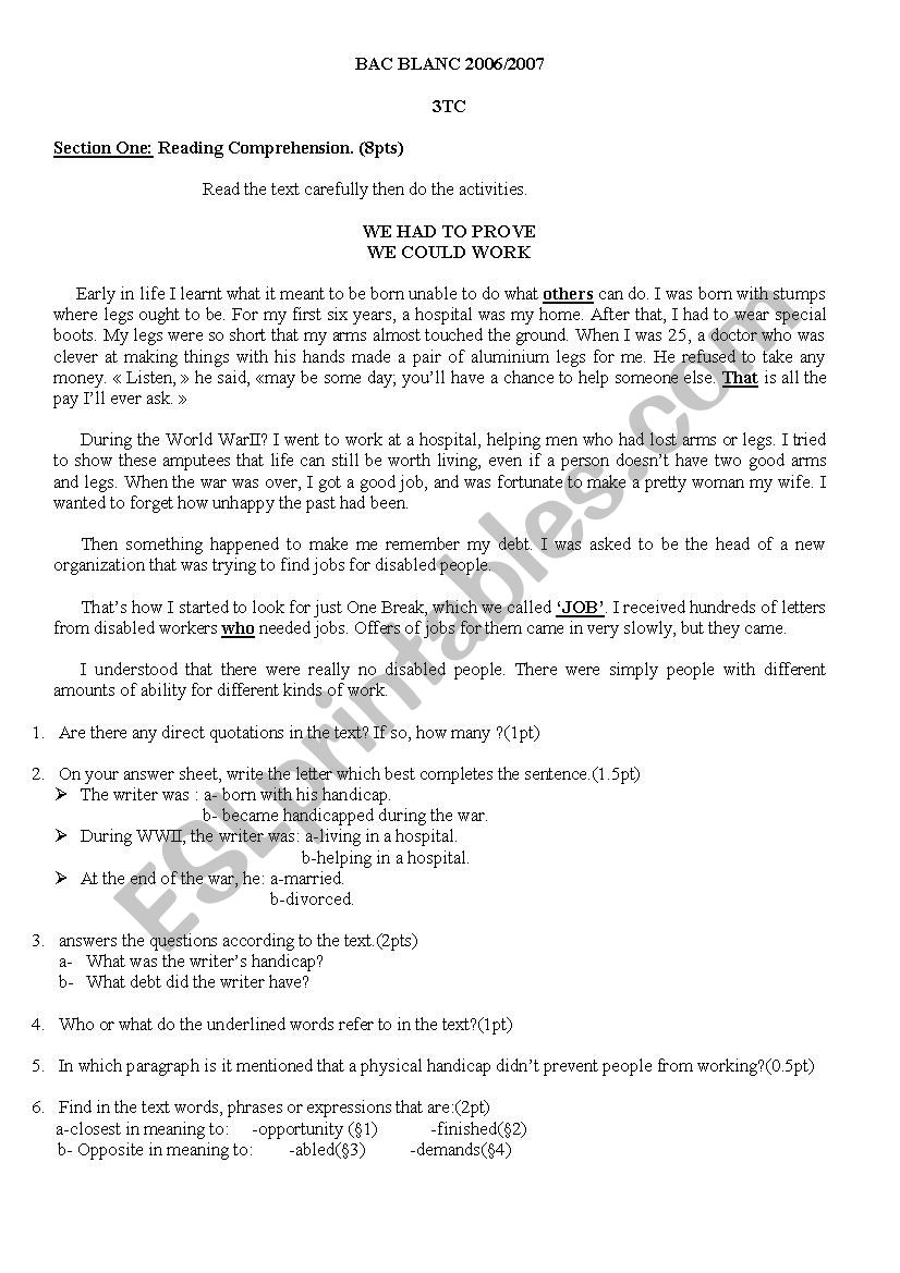 exam third year worksheet