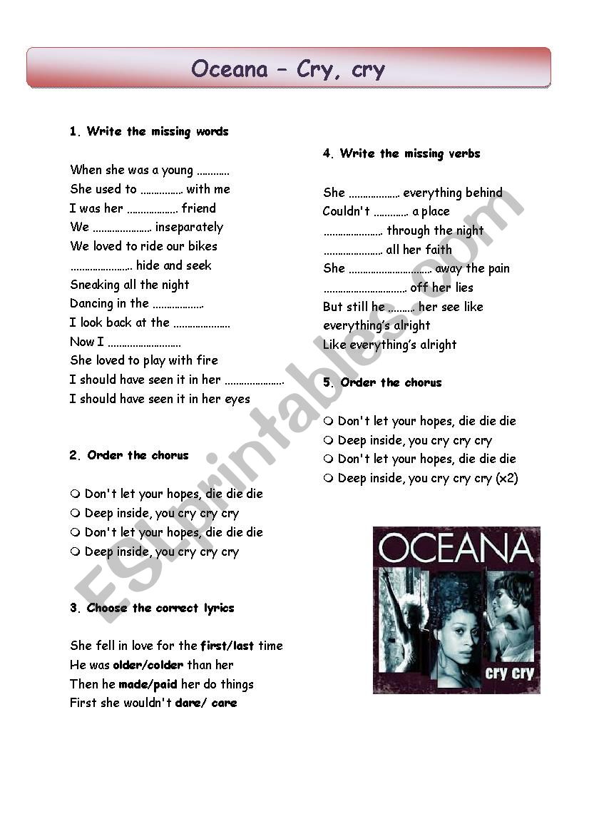 Song: Cry, cry (by Oceana) worksheet