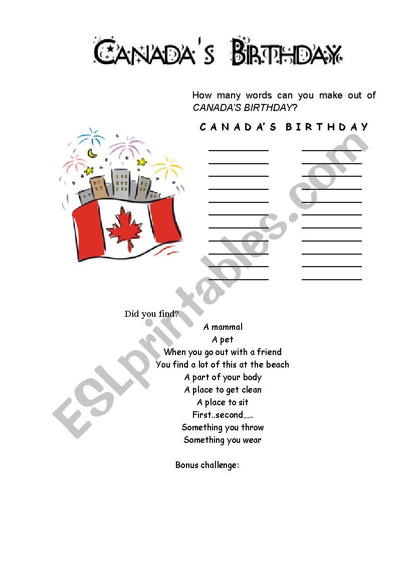 Canada Day worksheet