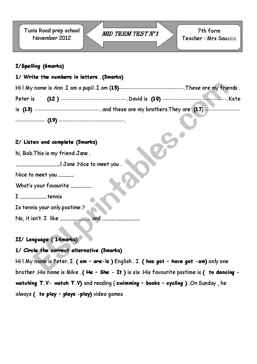 various activities worksheet