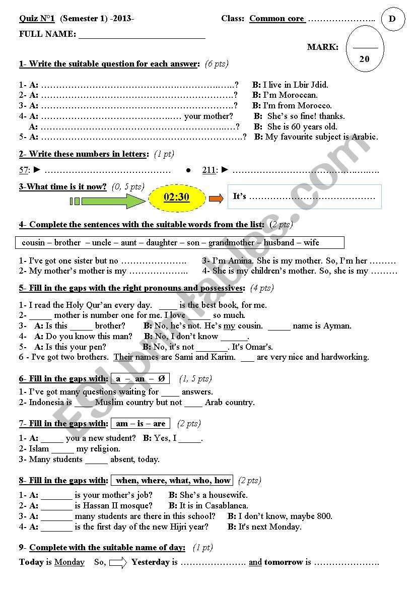 A superfine Quiz n1 _ Semester 1 - Version -D- (2013) for elementary students  