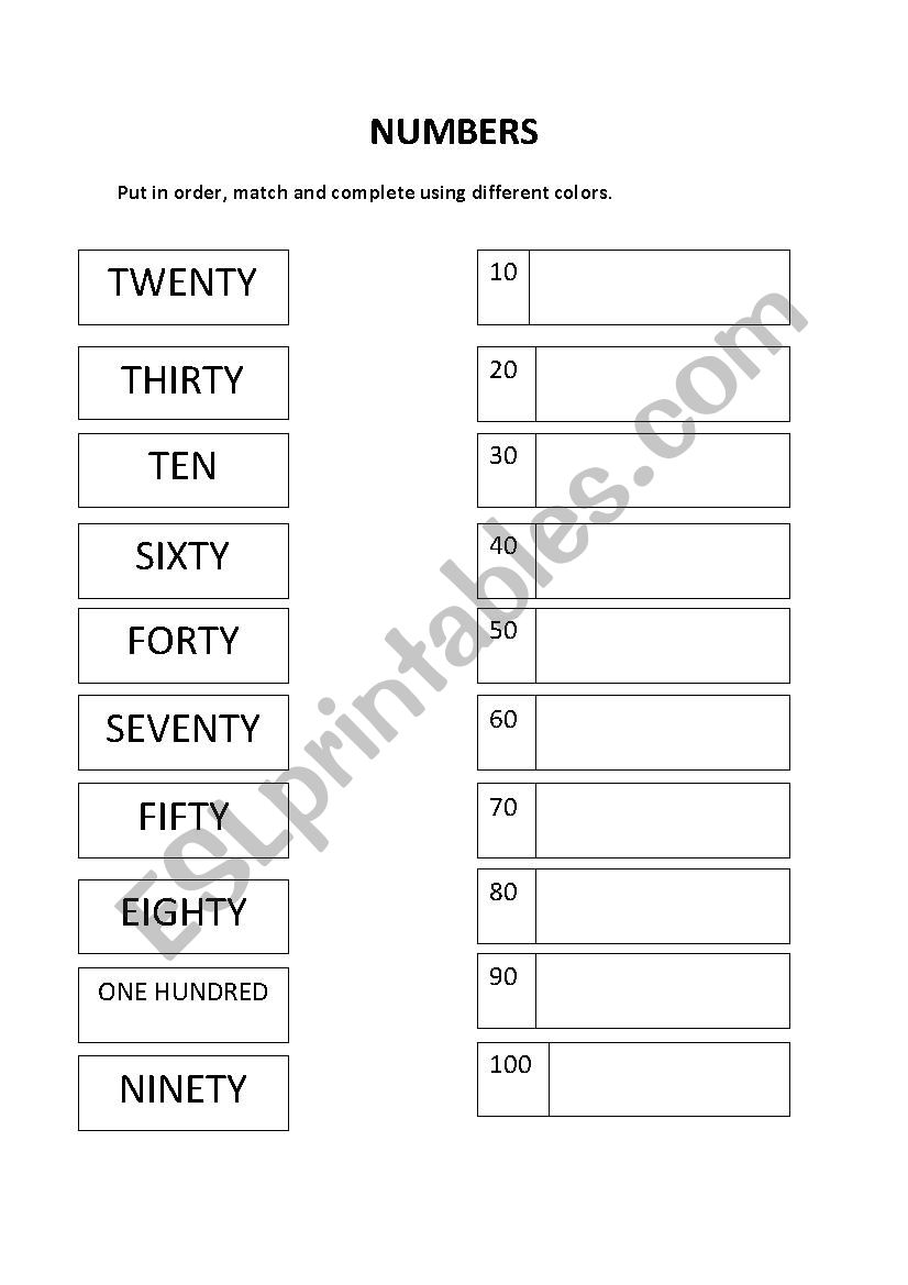 Match the numbers worksheet