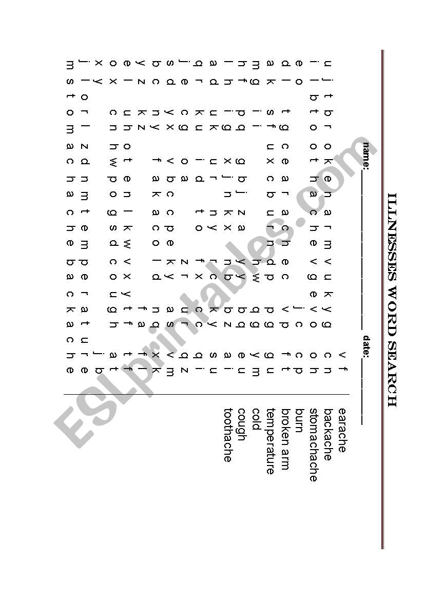 illnesses word search worksheet