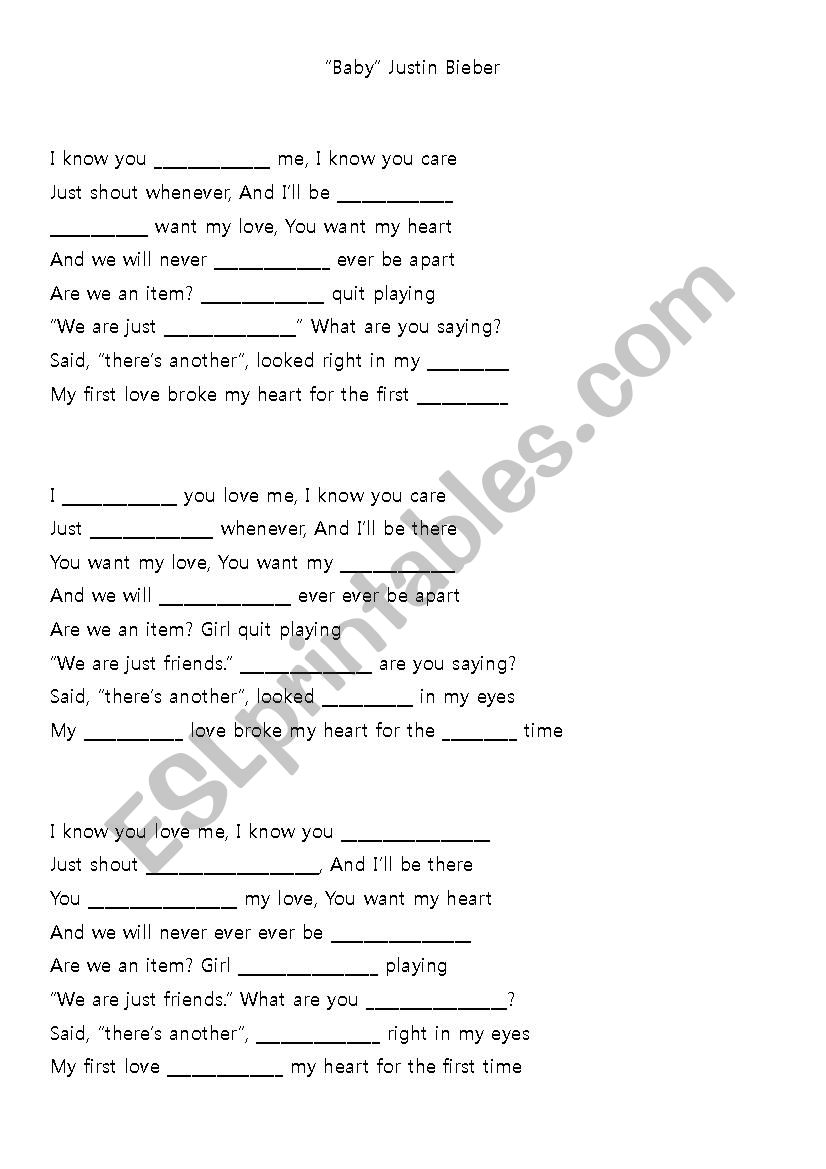 Justin Bieber Baby Lyrics Gap Fill Esl Worksheet By Burnetthartman