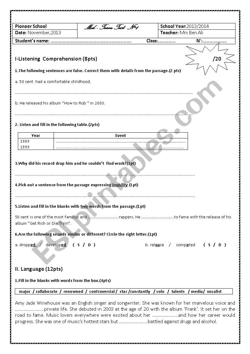 Mid term test 1 for first form pupils