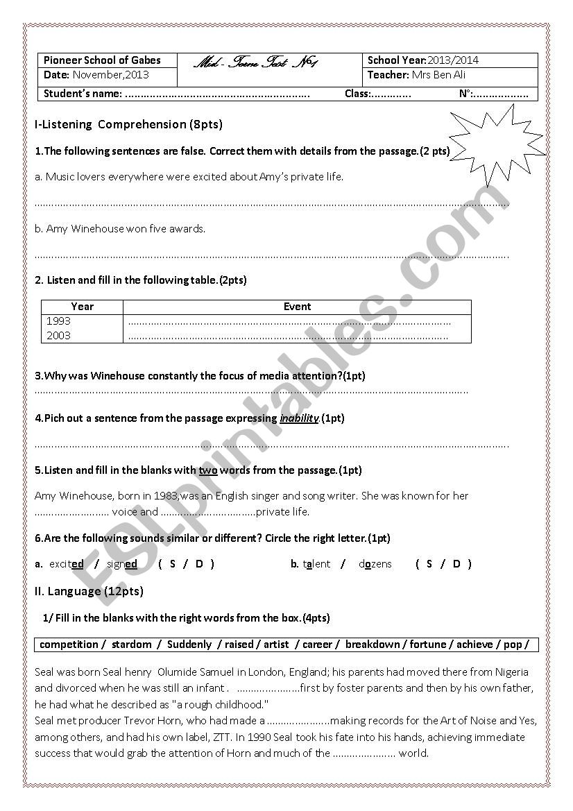 Mid term test1/First form worksheet