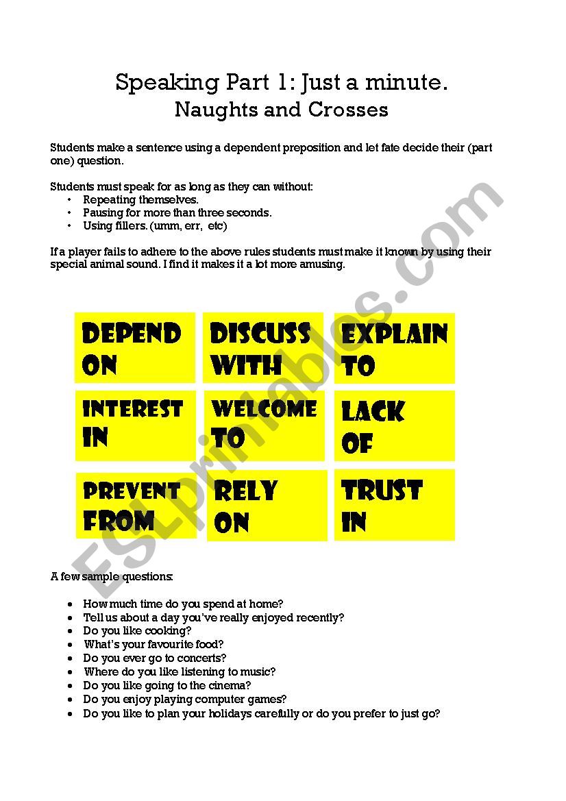 Just a minute toc-tac-toe worksheet