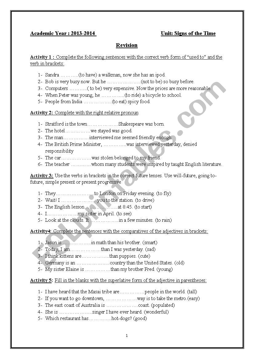 Signs of the Time (revision) worksheet
