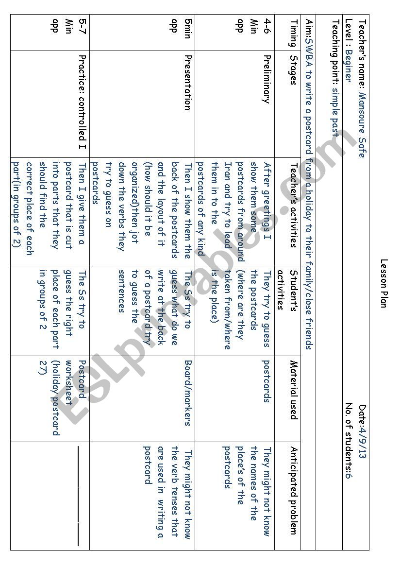 Writting Lesson plan worksheet