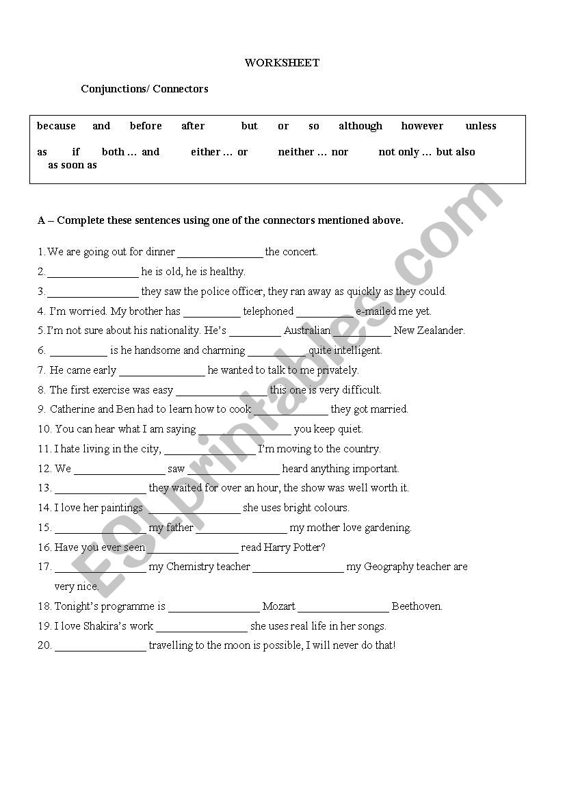 Connectors worksheet