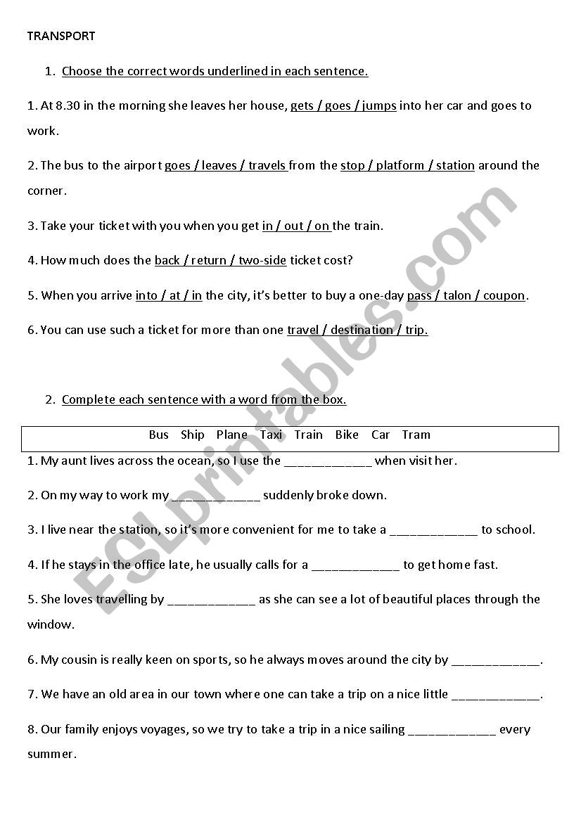 Transport worksheet