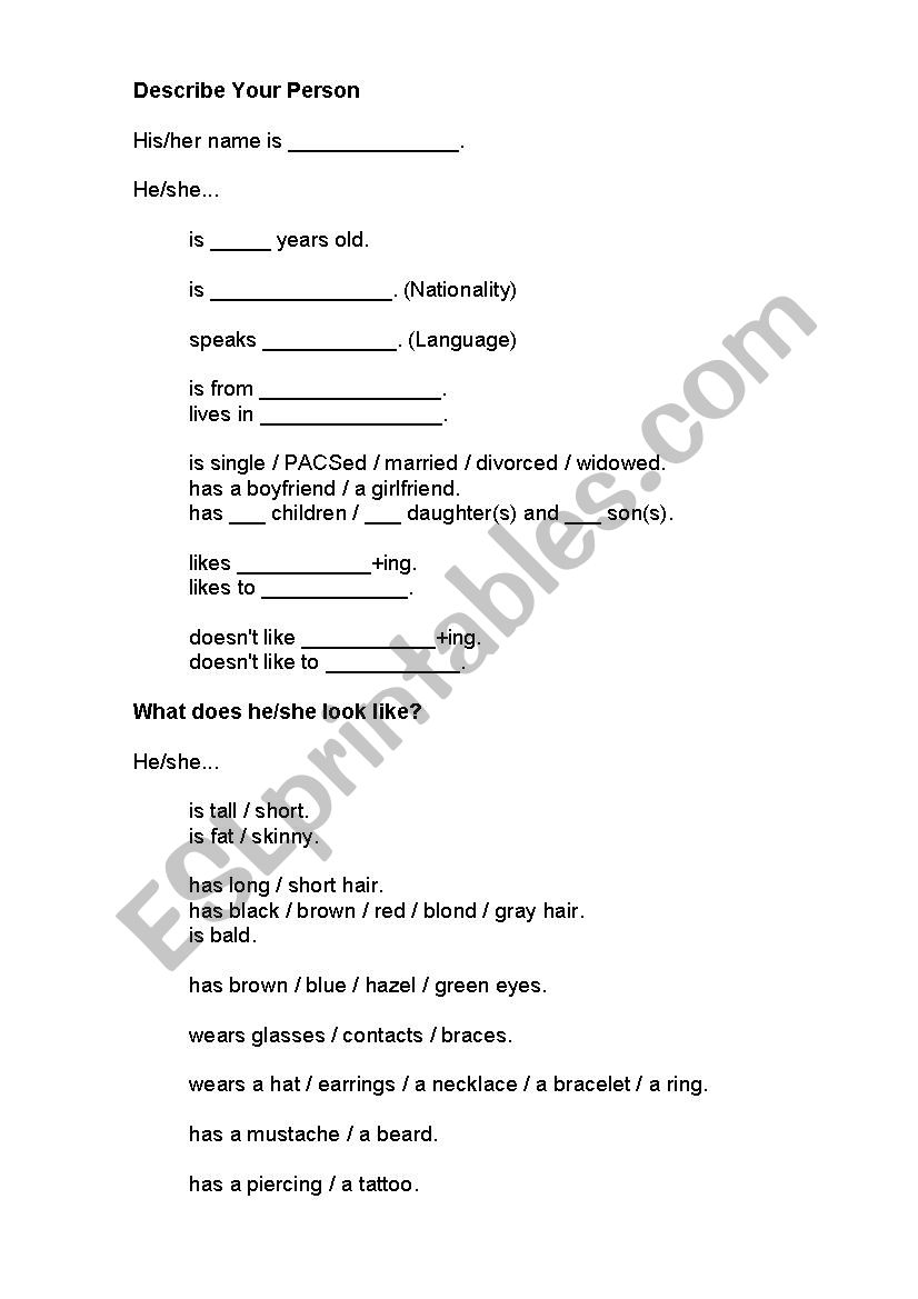 Describing a person worksheet