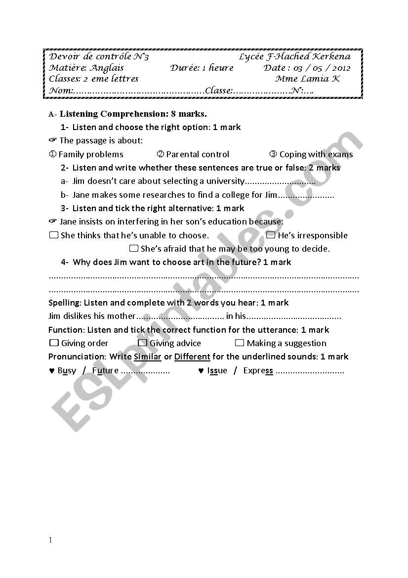 DEVOIR FOR ASSESSMENT worksheet