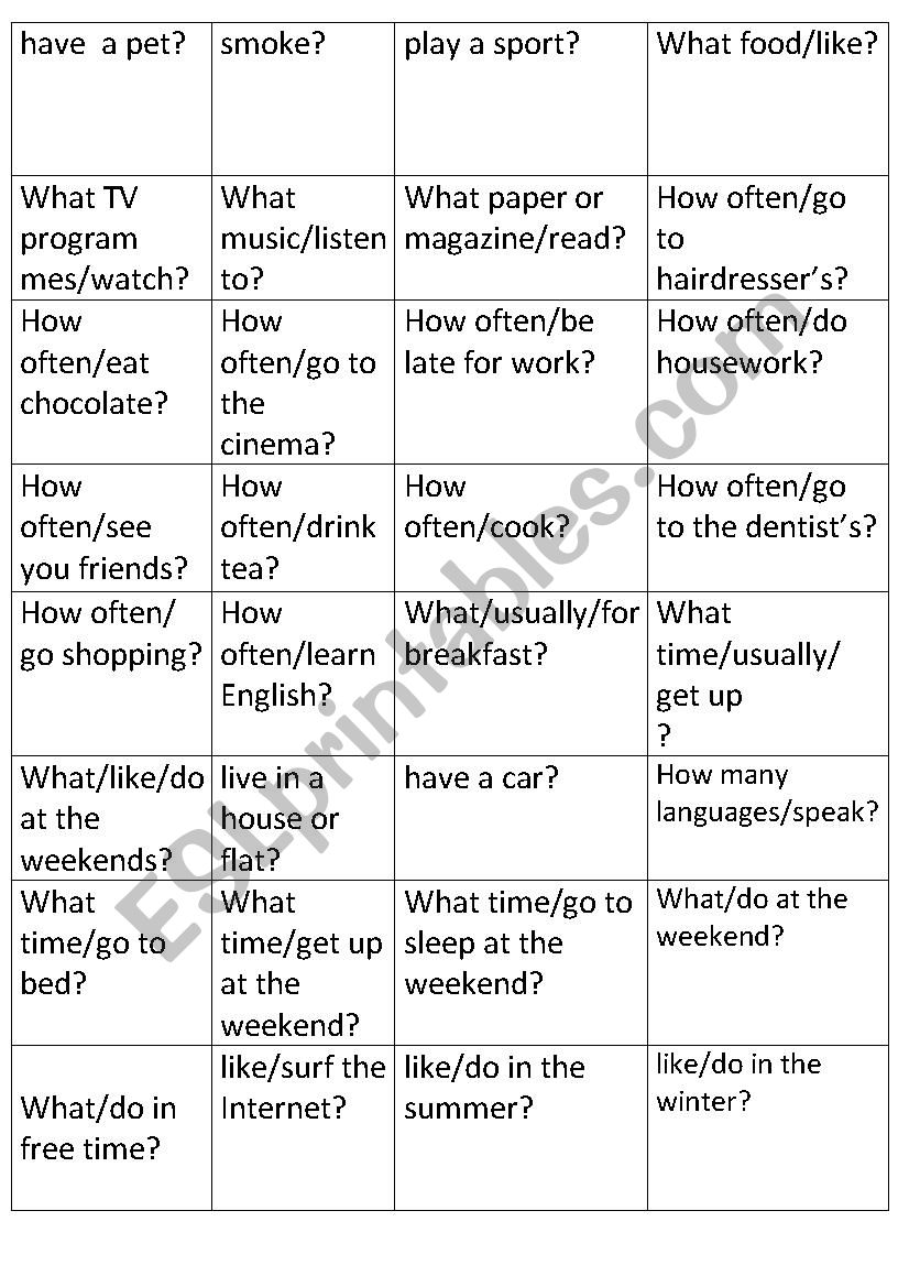 present simple cards worksheet