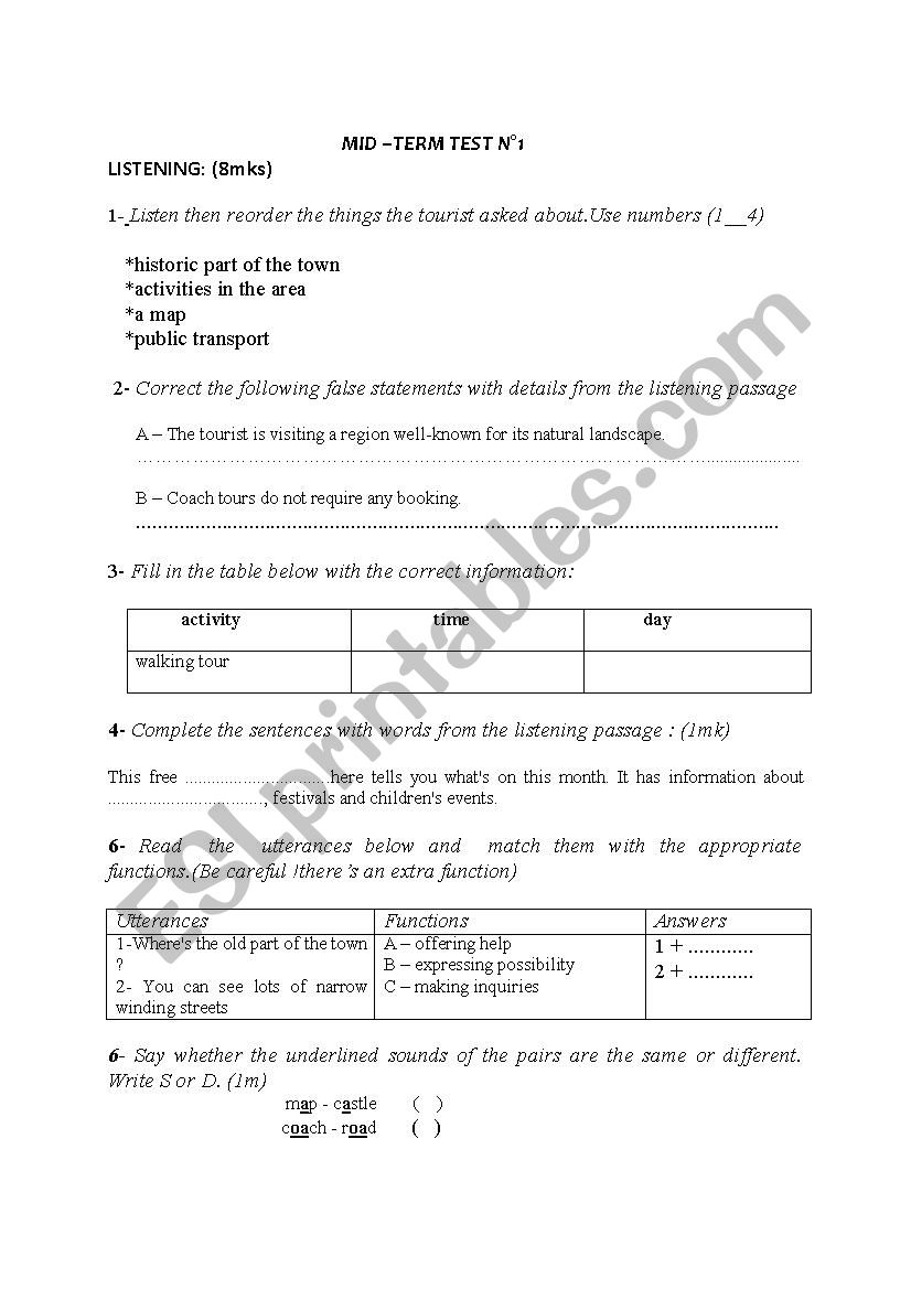 mid term test 1  worksheet