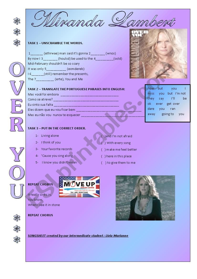 Over you - Miranda Lambert worksheet