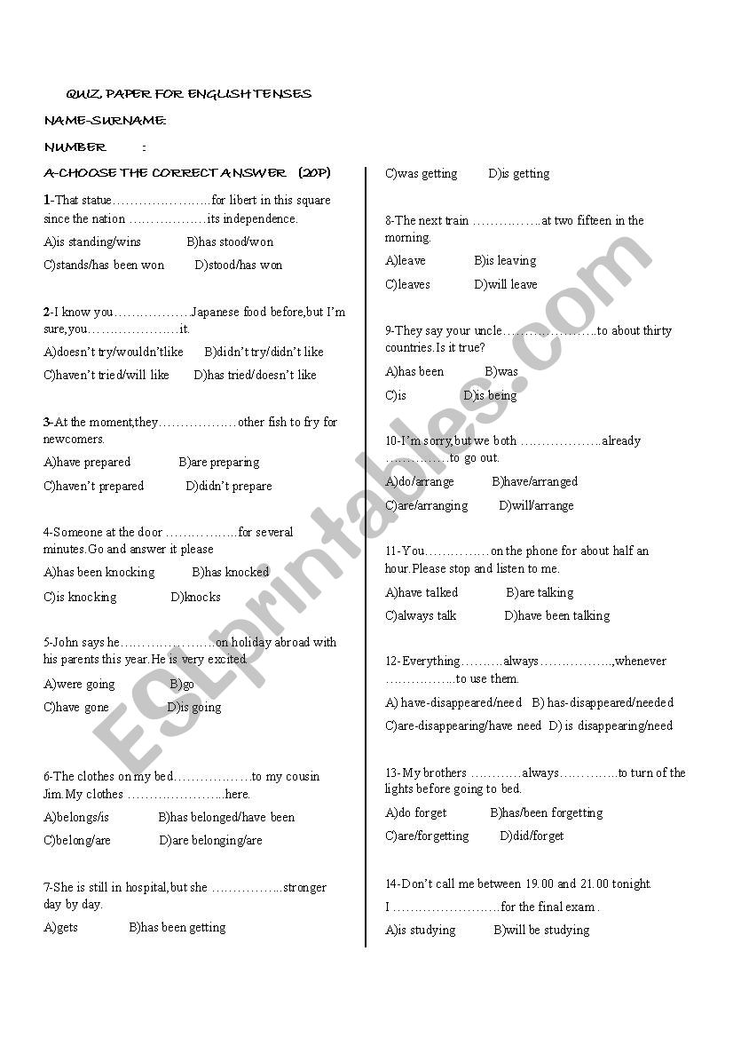 quiz paper for tenses worksheet