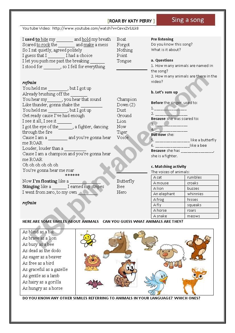 Song Roar Katy Perry - vocabulary practice - ESL worksheet by caiomachado