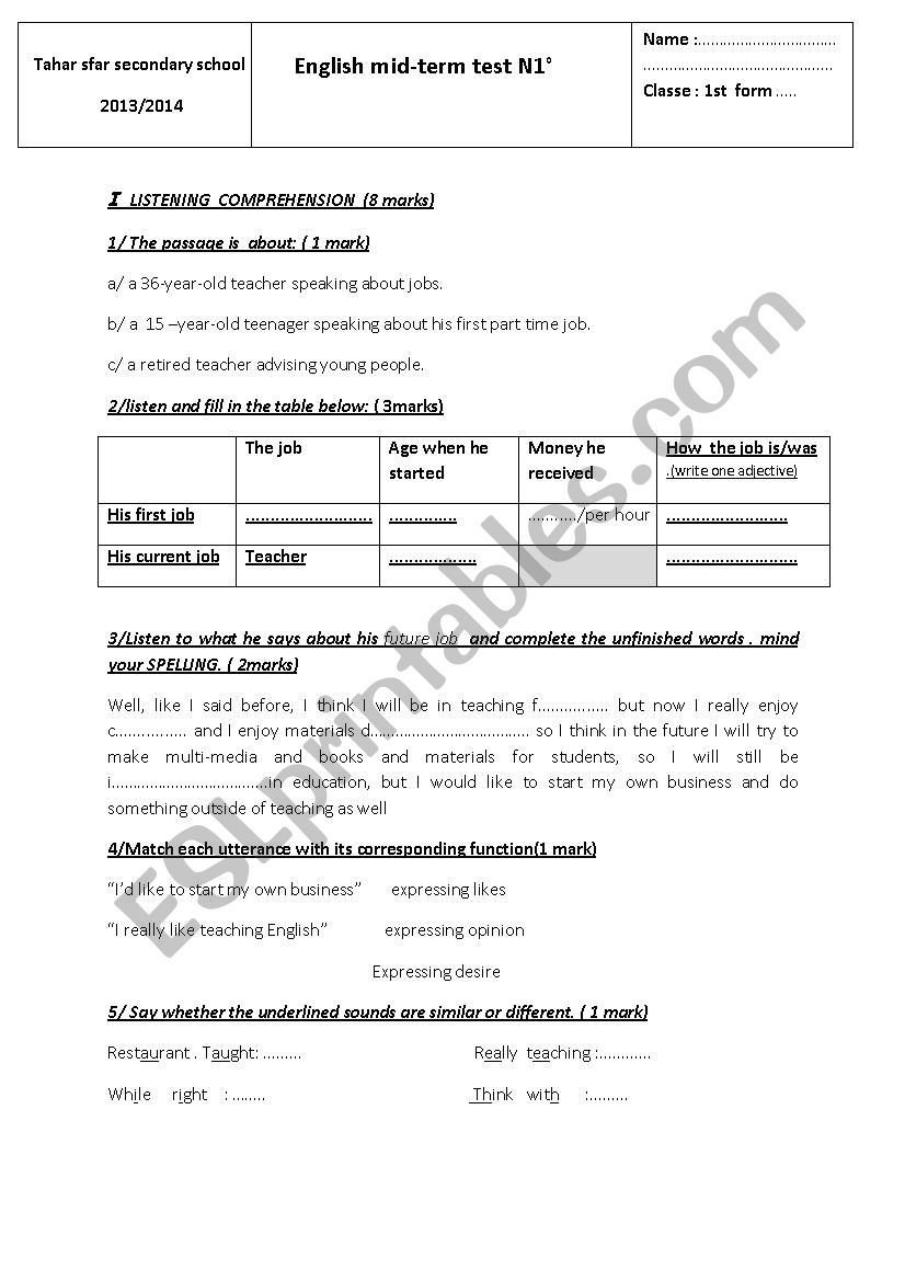 mid-term test 1  / 1st form worksheet