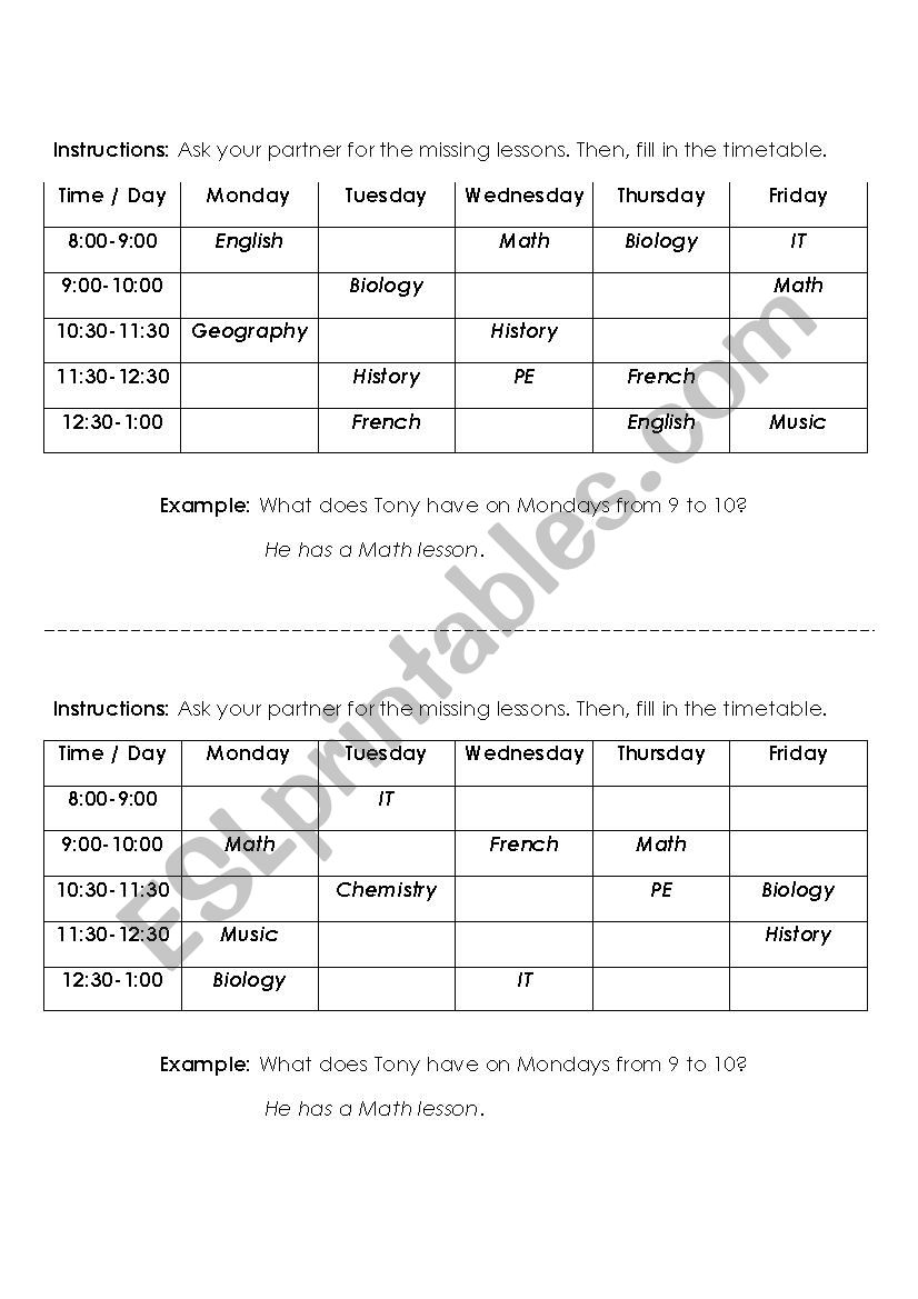Information-gap activity: School timetable
