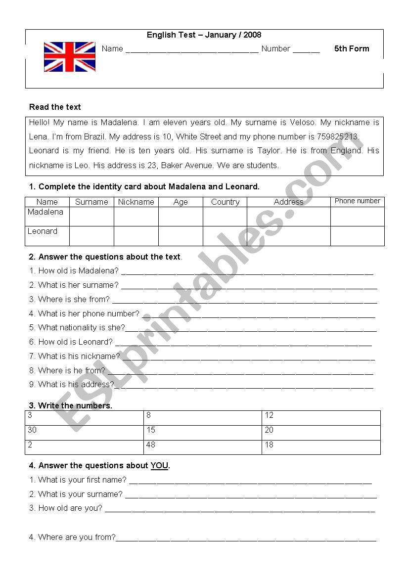 Test 5th grade Personal identification