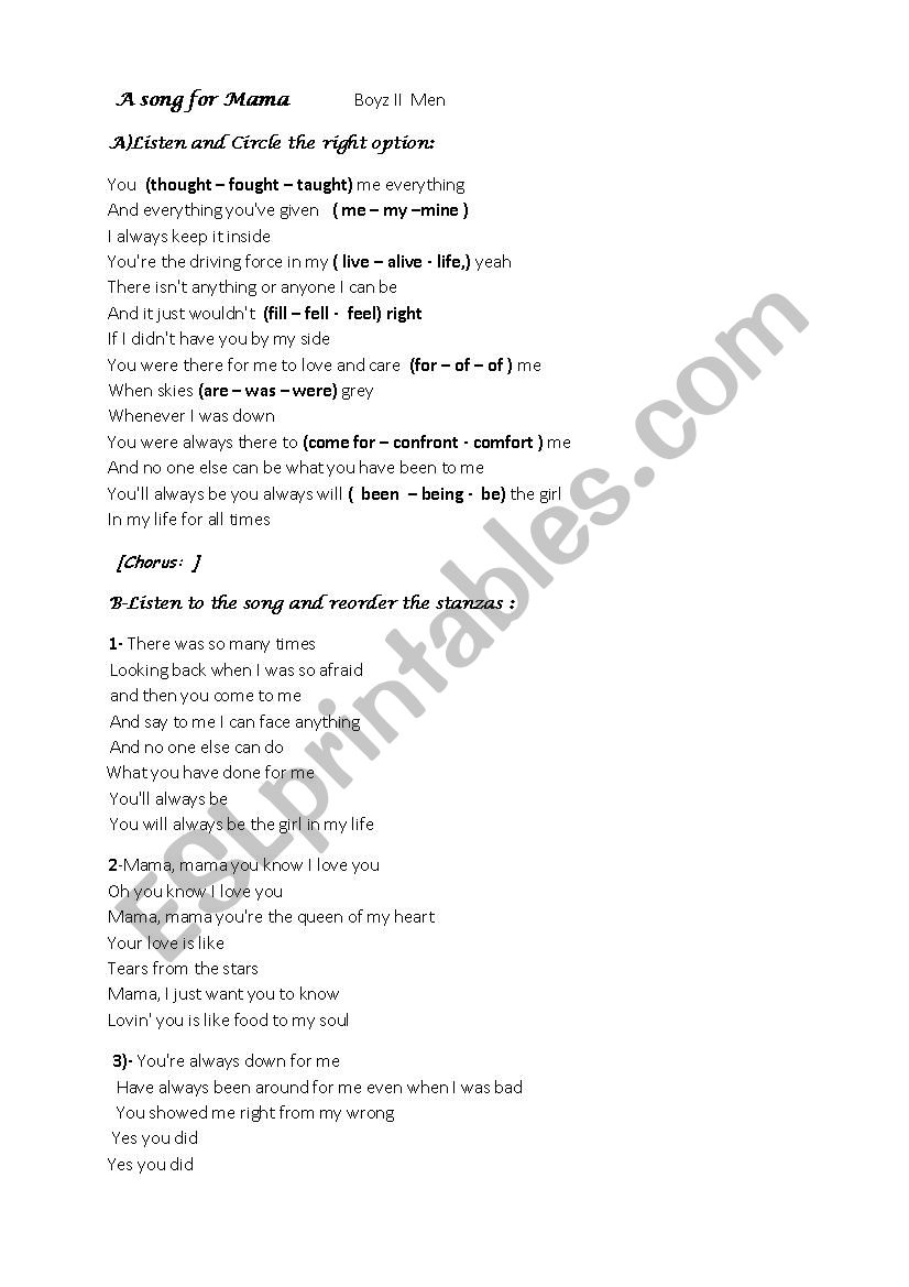 A song for Mama worksheet
