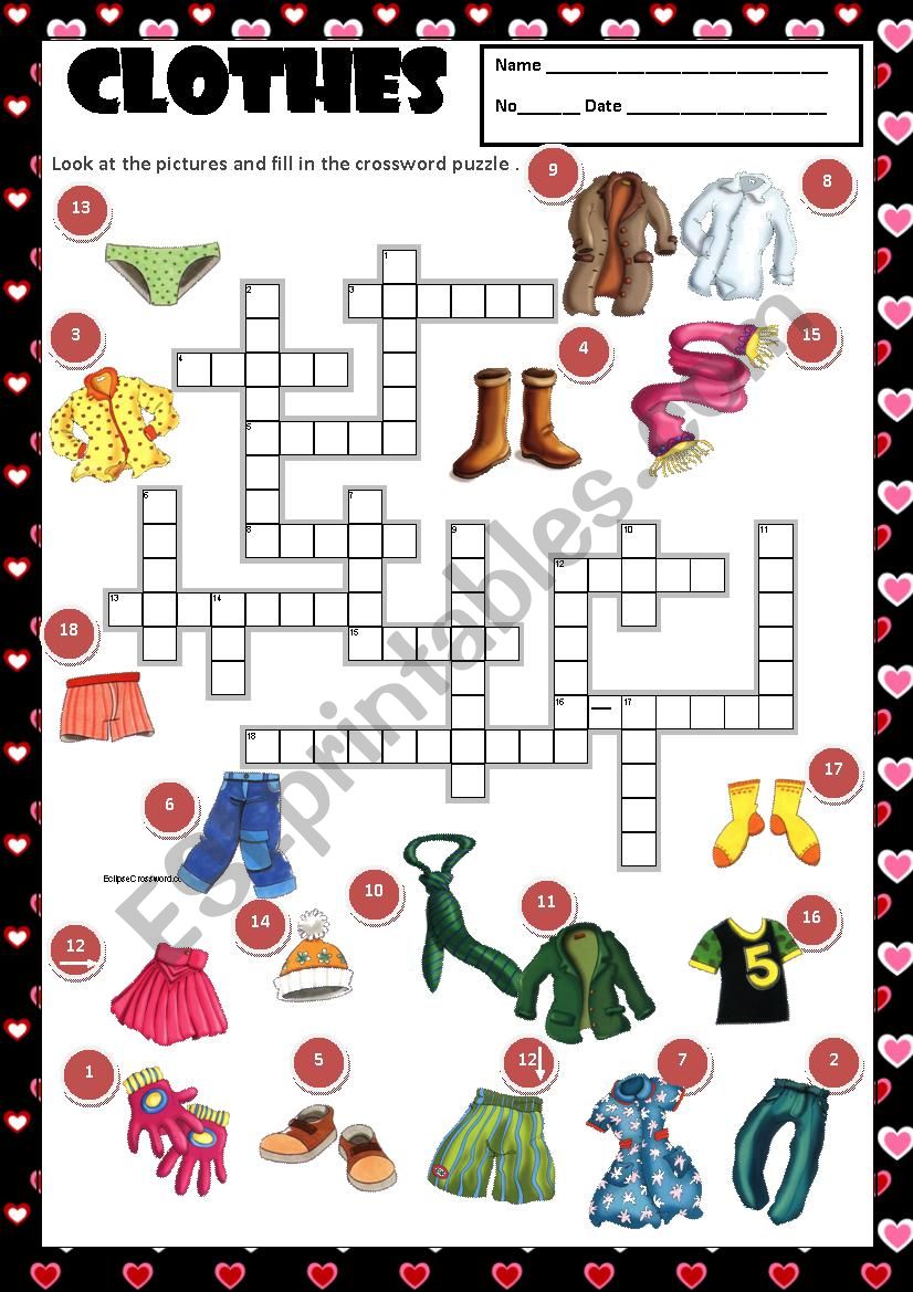 CLOTHES - CROSSWORD + KEY worksheet