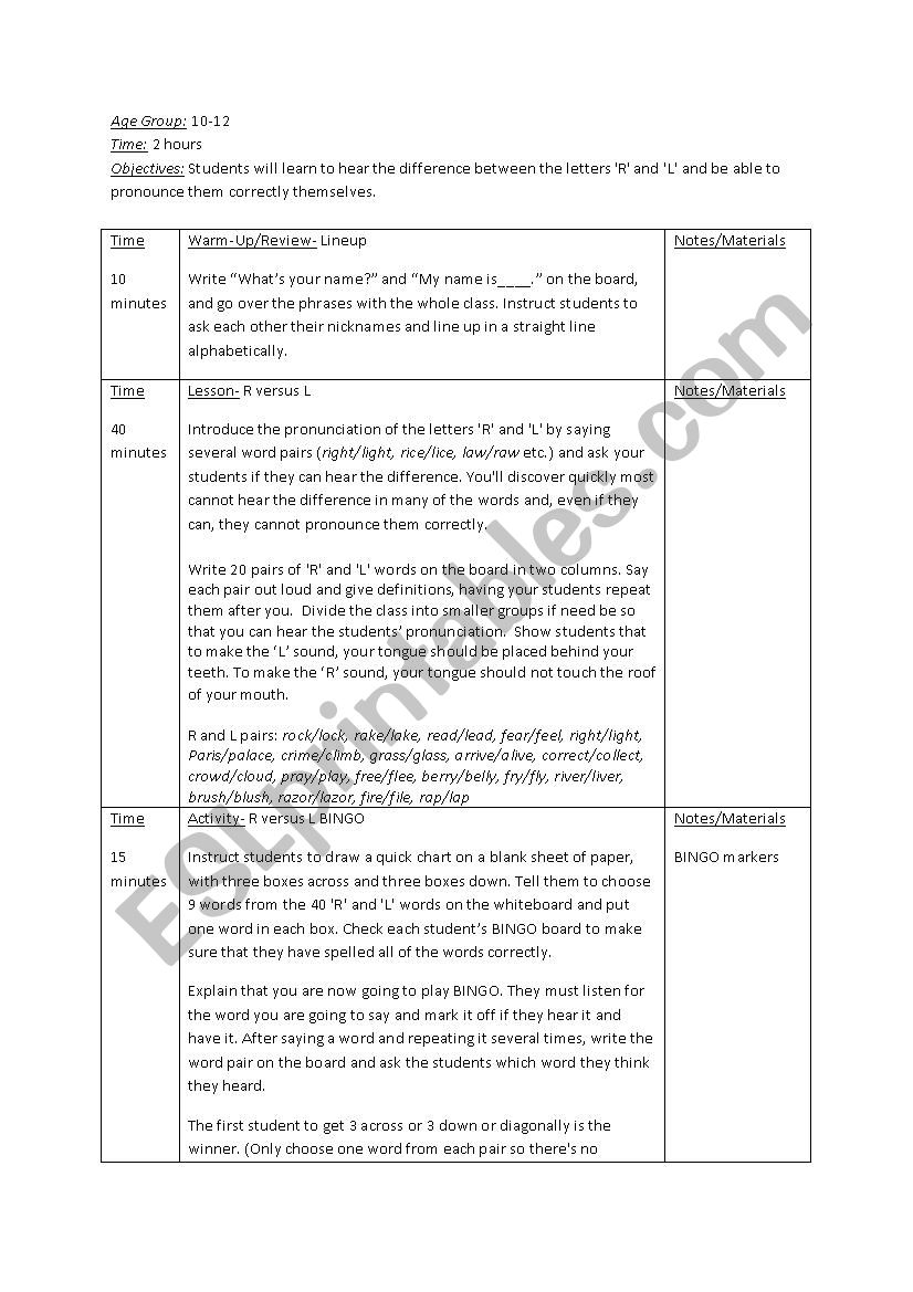 Lesson Plan: L v. R worksheet