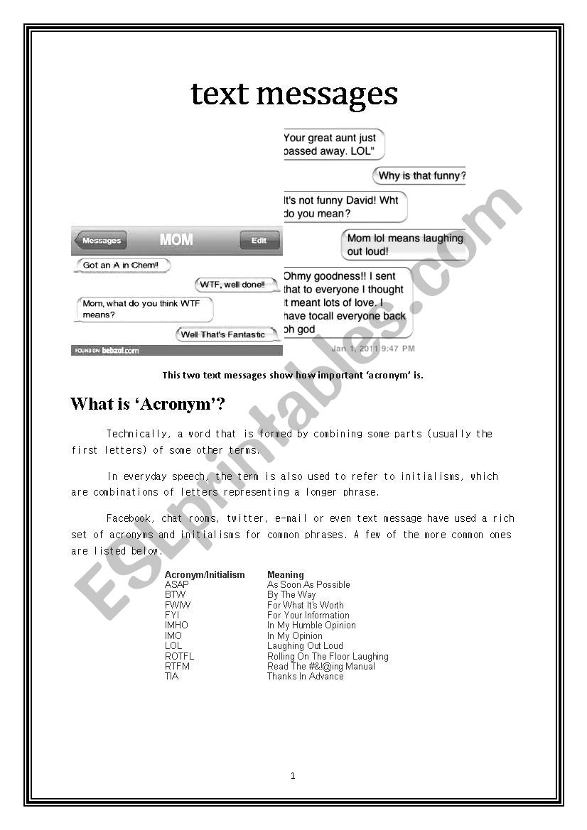 Text Messages worksheet