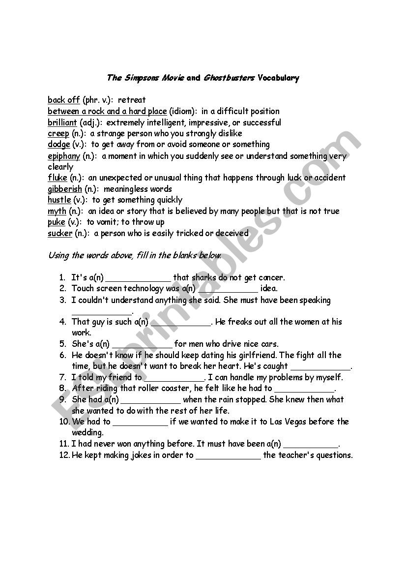 The Simpsons Movie and Ghostbusters Vocabulary Sheet