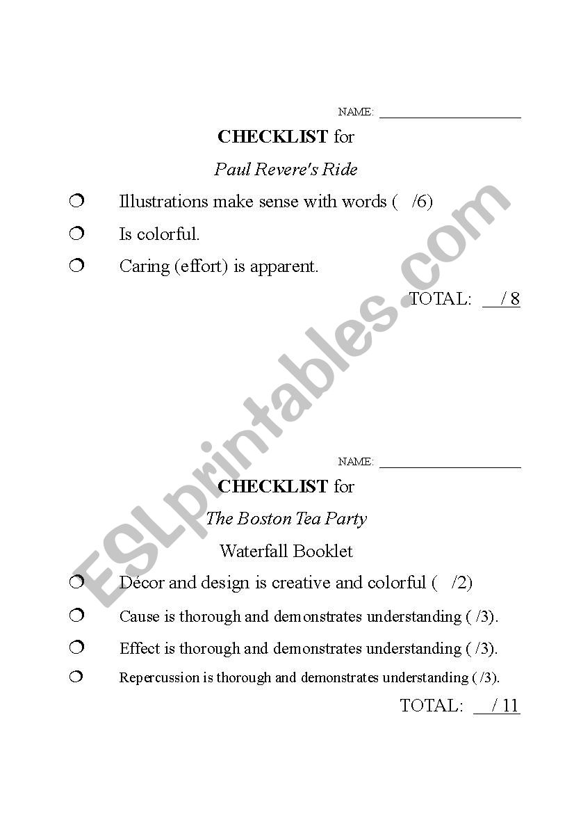 Checklist for Paul Reveres Ride FOLDING BOOKLET Checklist