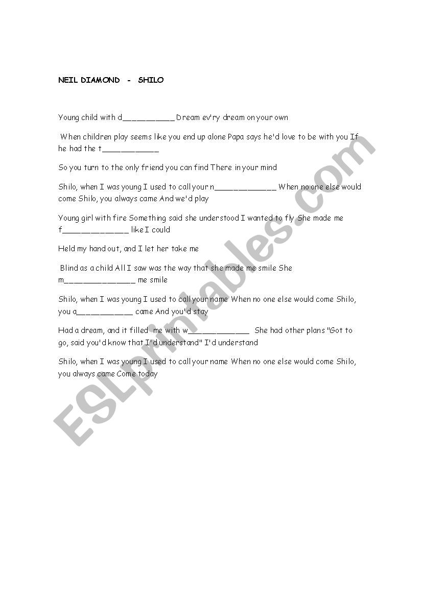  SHILO - NEIL DIAMOND   worksheet