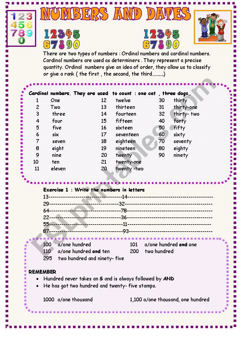 Numbers and dates worksheet