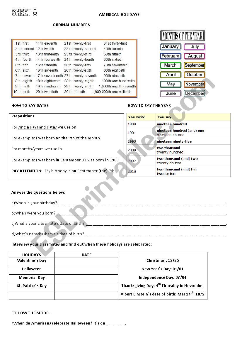American holidays and dates worksheet