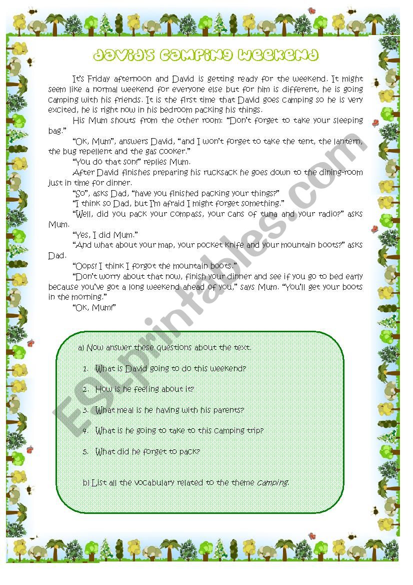 DavidÂ´s camping weekend worksheet