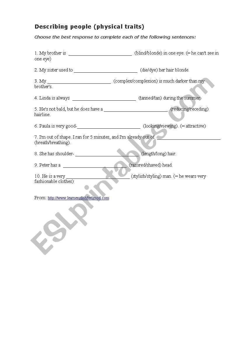 Describing people. Exercises worksheet