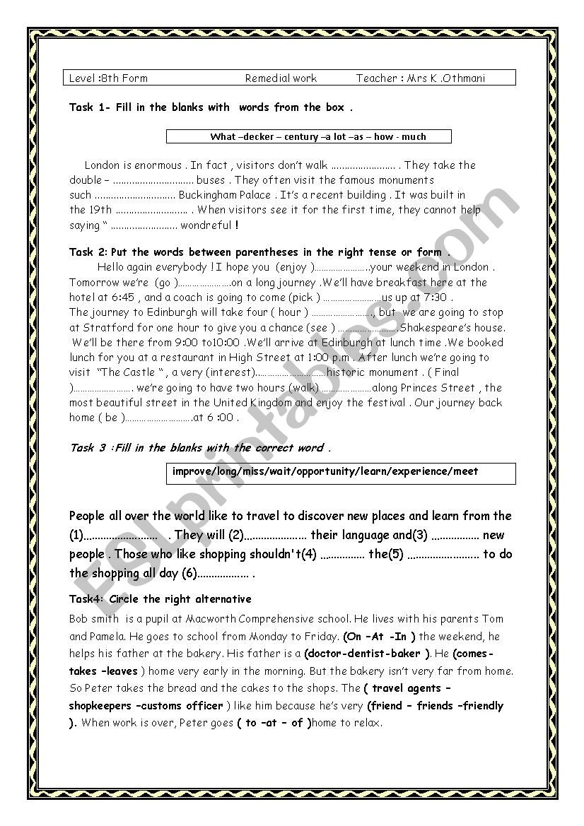 REMEDIAL WORK 8TH FORM worksheet