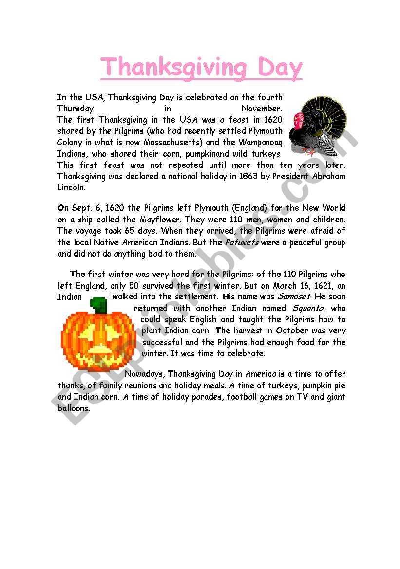 The History of Thanksgiving day - ESL worksheet by mgg6