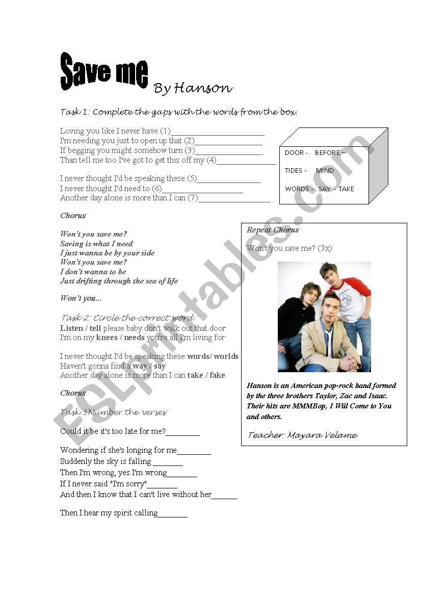 Song Activity - Save me by Hanson