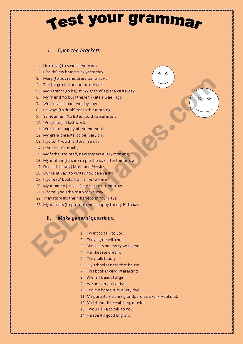 Grammar test. Tenses worksheet