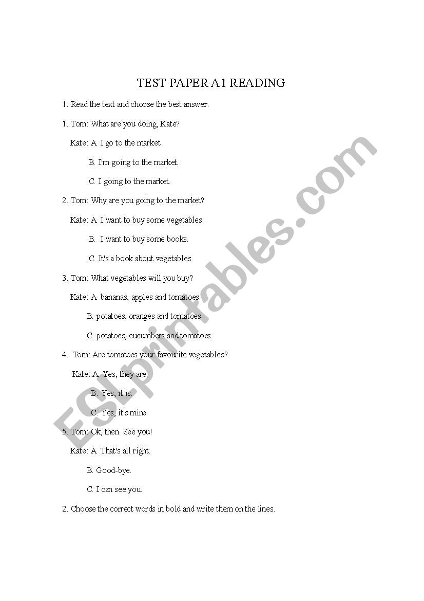 TEST PAPER A1 READING worksheet