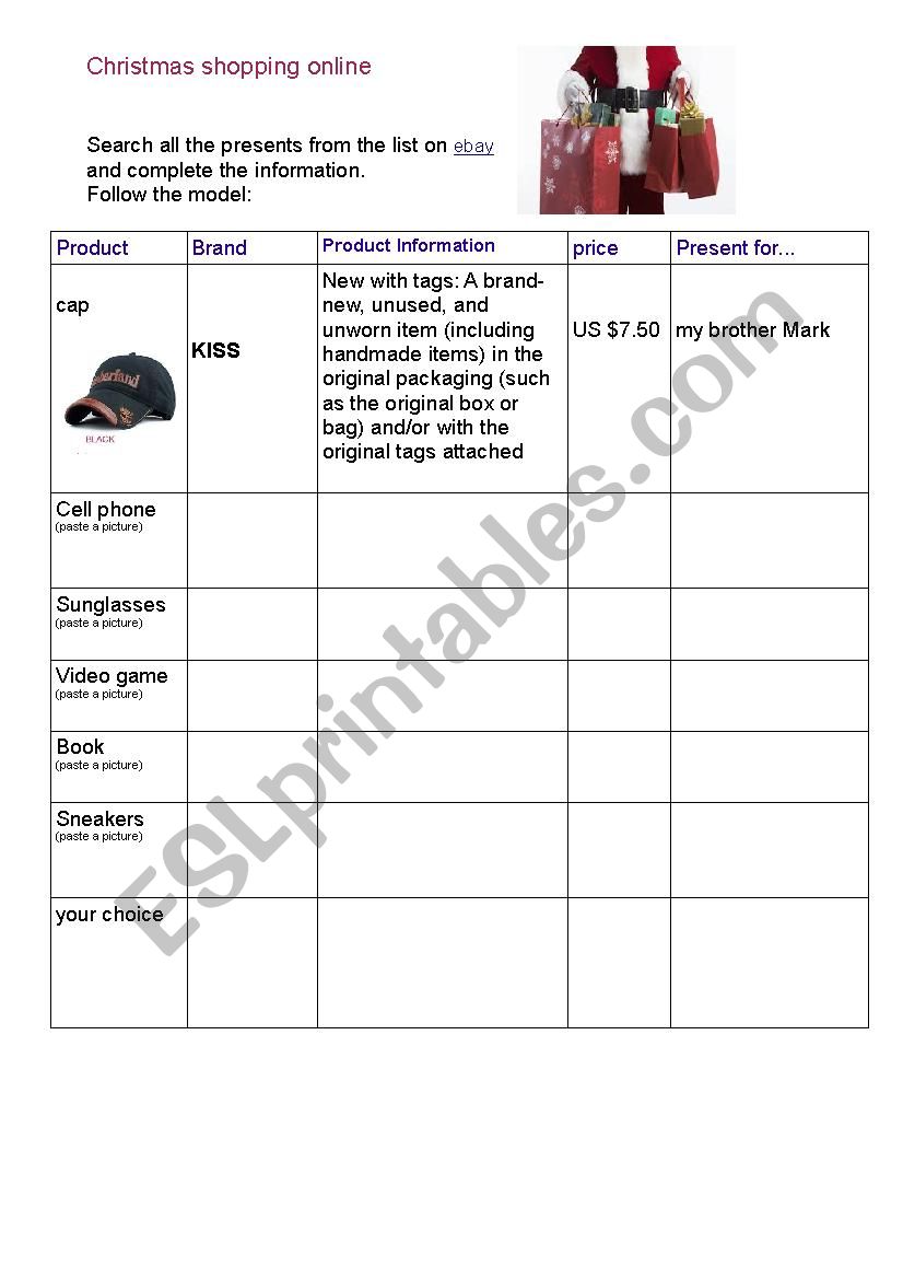 Christmas shopping online worksheet